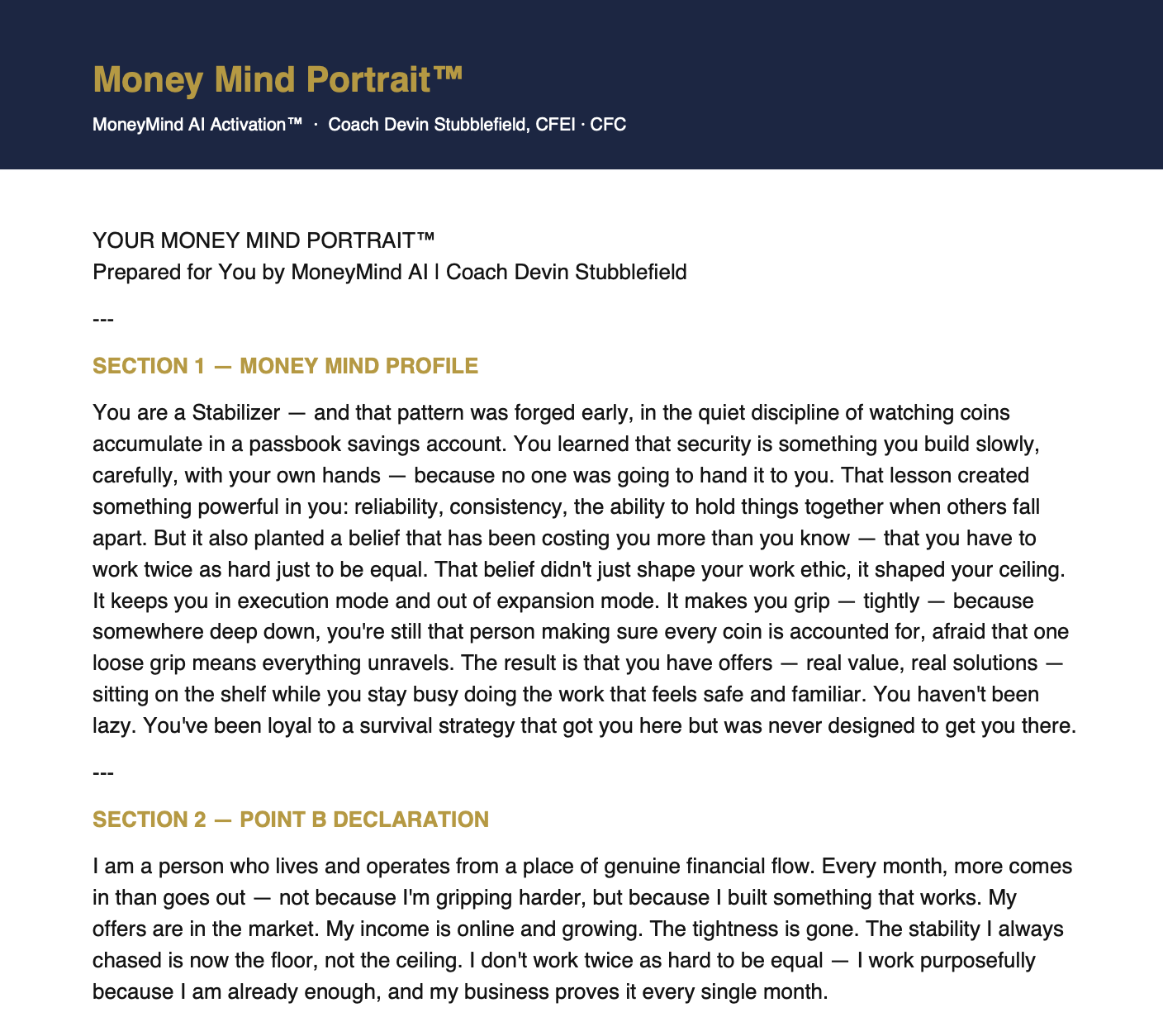 Sample MoneyMind Portrait written reflection